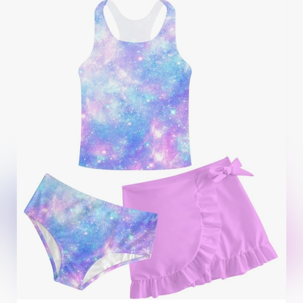 New with tags! Girls 9T Purple Galaxy Print Tankini Swim Set and Cover Skirt Set